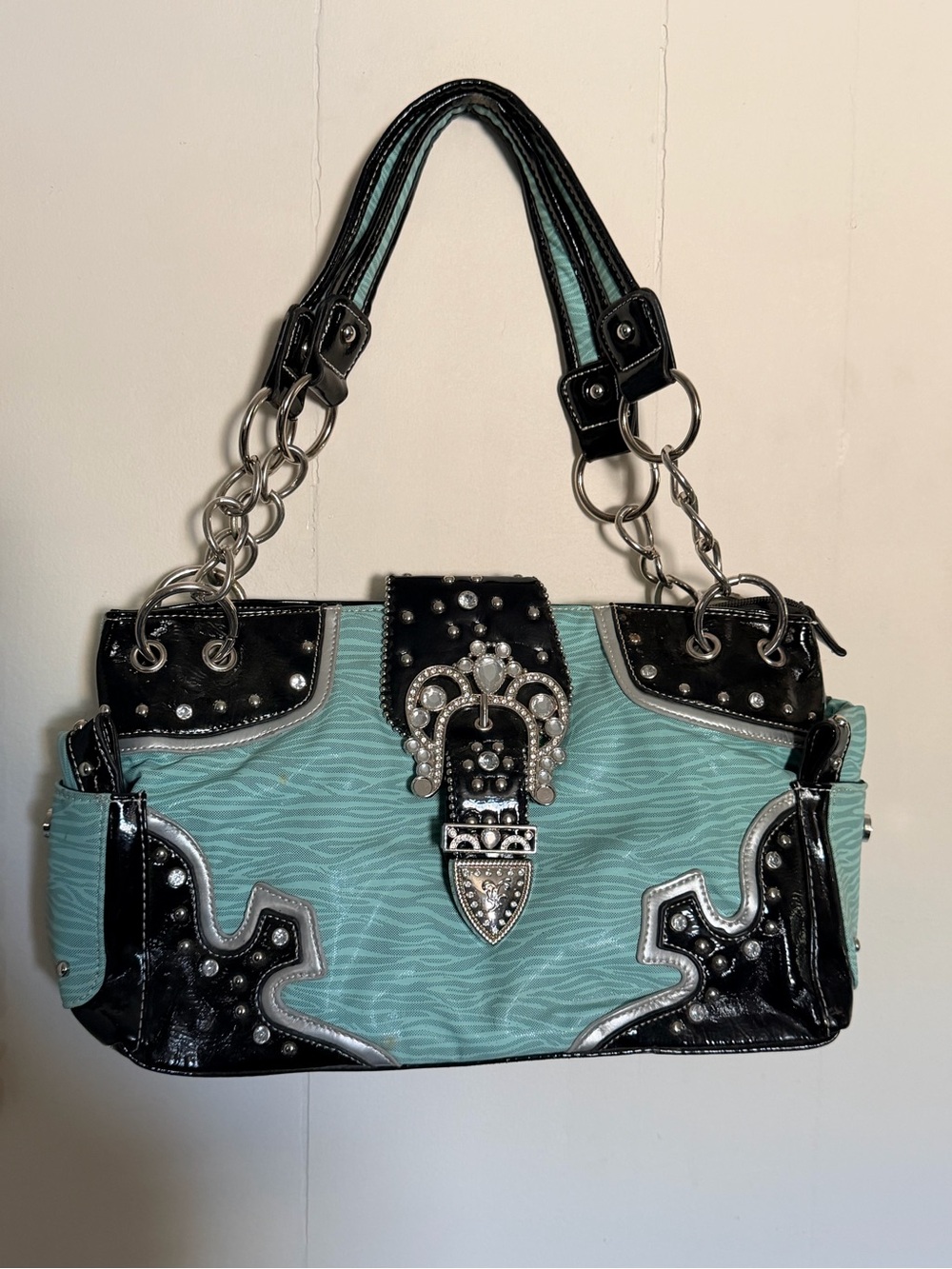 Aqua and Black Embellished Buckle Western Shoulder Bag 14” x 8”